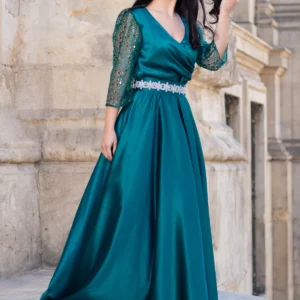 Rochie de seara verde Giorgia lunga din tafta cu maneci paietate
