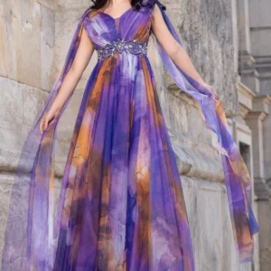 Rochie eleganta de seara Alessandra cu imprimeu tip pictura mov