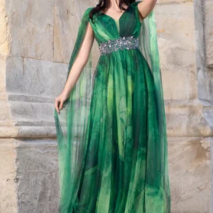 Rochie eleganta de seara Alessandra cu imprimeu tip pictura verde