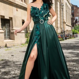 Rochie eleganta de seara Ofelia verde lunga cu flori 3D
