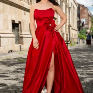 Rochie eleganta lunga rosie Lorelai din tafta cu floare 3D