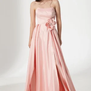 Rochie eleganta lunga roz Lorelai din tafta cu floare 3D