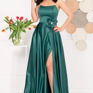 Rochie eleganta lunga verde Lorelai din tafta cu floare 3D