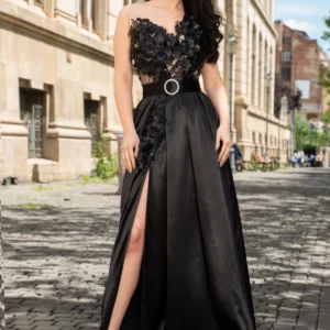 Rochie eleganta Ofelia neagra lunga cu flori 3D