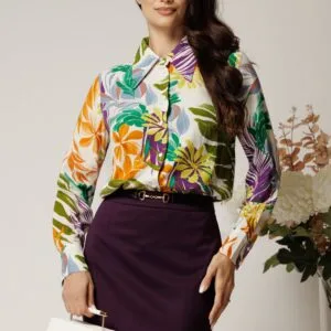 Camasa DY Fashion din viscoza ivory cu print mov si verde