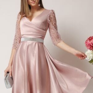 Rochie Adria eleganta din tafta roz cu cordon in talie