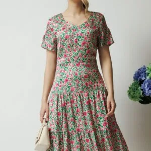 Rochie midi ivory cu floricele roz din viscoza satinata