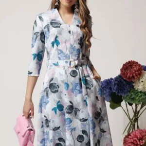 Rochie din stofa gri midi de zi cu imprimeuri florale albastre si decolteu