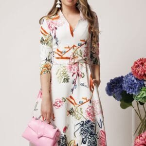 Rochie din stofa ivory midi de zi cu imprimeuri florale si decolteu