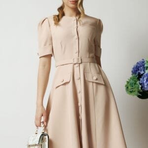 Rochie DY Fashion bej de zi cu nasturi si curea in talie