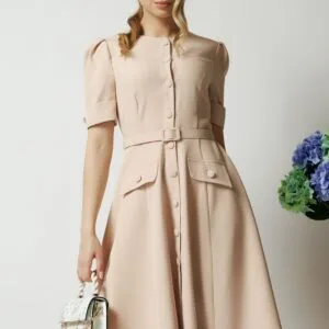 Rochie DY Fashion bej de zi cu nasturi si curea in talie