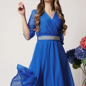 Rochie Dy Fashion eleganta din voal albastra cu fir stralucitor si cordon