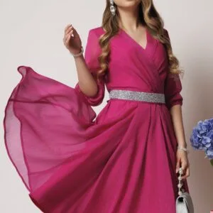Rochie DY Fashion eleganta din voal fucsia cu fir stralucitor si cordon