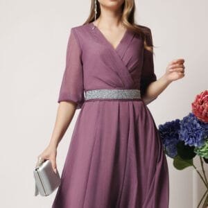 Rochie DY Fashion eleganta din voal lila cu fir stralucitor si cordon