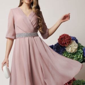 Rochie DY Fashion eleganta din voal roz prafuit cu fir stralucitor si cordon