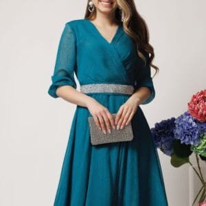 Rochie DY Fashion eleganta din voal turcoaz cu fir stralucitor si cordon