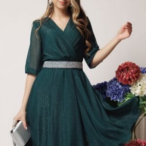 Rochie DY Fashion eleganta din voal verde inchis cu fir stralucitor si cordon