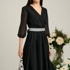 Rochie Dy Fashion neagra din voal cu fir stralucitor si cordon
