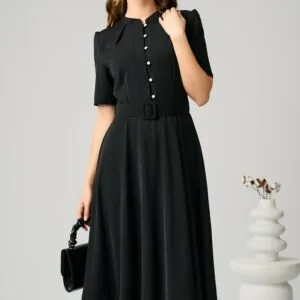 Rochie DY Fashion office din triplu voal neagra cu nasturi la bust si curea in talie