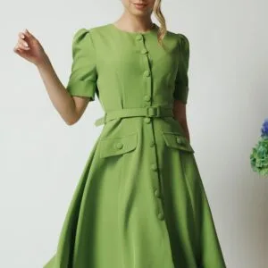 Rochie DY Fashion verde de zi cu nasturi si curea in talie
