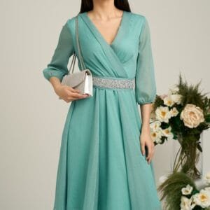 Rochie Dy Fashion verde menta din voal cu fir stralucitor si cordon