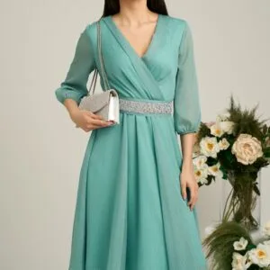 Rochie Dy Fashion verde menta din voal cu fir stralucitor si cordon
