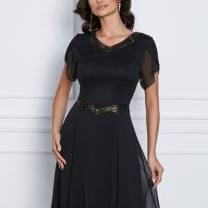 Rochie eleganta din voal neagra cu glitter auriu in talie si la decolteu
