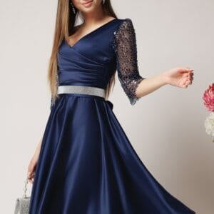 Rochie Ella Collection Adria eleganta din tafta bleumarin cu cordon in talie