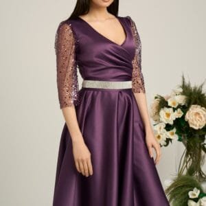 Rochie Ella Collection Adria eleganta din tafta mov cu cordon in talie
