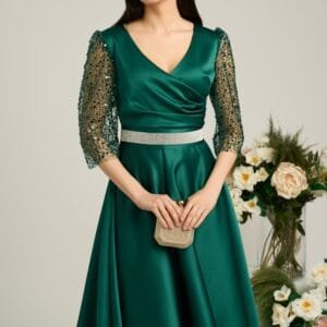 Rochie Ella Collection Adria eleganta din tafta verde cu cordon in talie