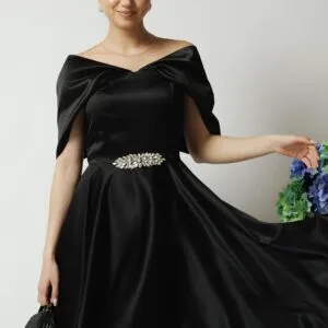 Rochie Ella Collection Jolie eleganta din tafta neagra cu accesoriu metalic in talie