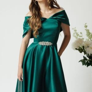 Rochie Jolie eleganta din tafta verde cu accesoriu metalic in talie