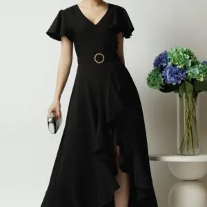 Rochie LaDonna lunga de ocazie din stofa neagra cu volane si cordon in talie