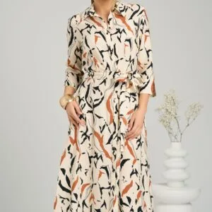 Rochie midi bej cu imprimeu caramiziu si cordon in talie