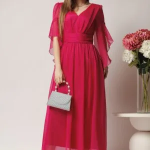 Rochie midi fucsia din voal cu decolteu