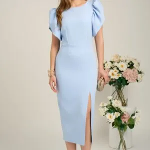 Rochie midi eleganta din stofa bleu cu maneci bufante