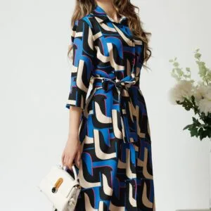 Rochie office cu imprimeu geometric albastru si cordon in talie