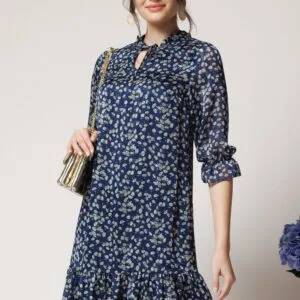 Rochie vaporoasa din voal bleumarin cu floricele albe