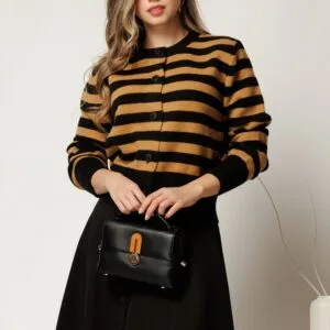 Cardigan scurt casual din tricot maro cu dungi negre si nasturi