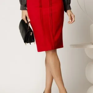 Fusta DY Fashion office din stofa fucsia conica cu pense insertie din piele ecologica