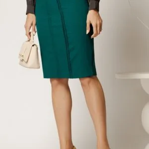 Fusta DY Fashion office din stofa verde conica cu pense insertie din piele ecologica