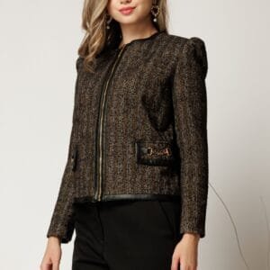 Jacheta DY Fashion eleganta din tweed negru cu maro