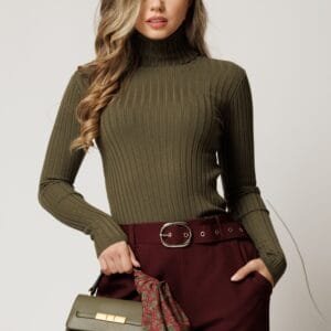 Maleta din tricot reiat kaki cu guler intors