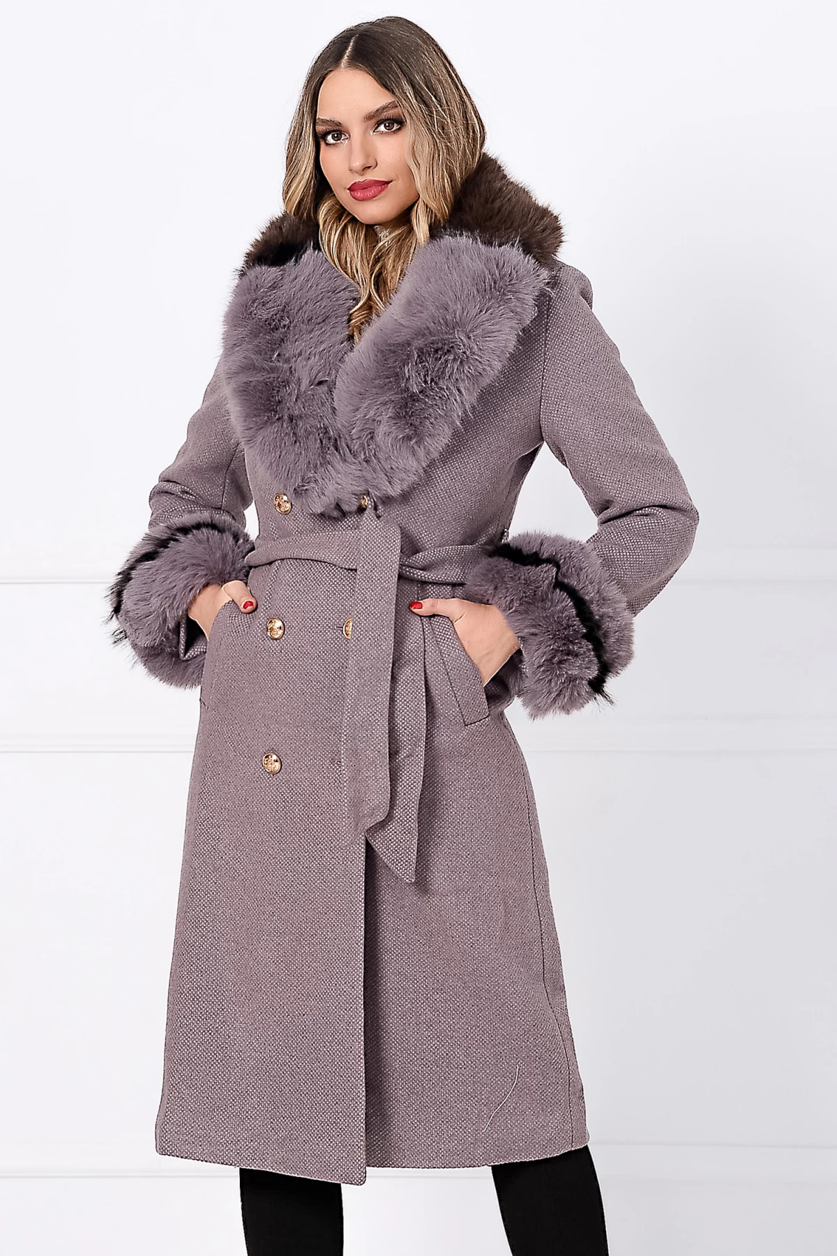 Palton dama lung elegant mov Aleksandra matlasat din stofa cu blana eco 1 Palton dama lung elegant mov Aleksandra matlasat din stofa cu blana eco