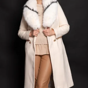 Palton din stofa crem matlasat Amarah cu blana ecologica