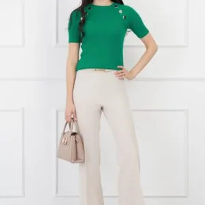 Pantaloni DY Fashion bej evazati cu accesoriu in talie