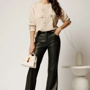 Pantaloni DY Fashion din piele ecologica kaki evazati