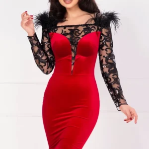 Rochie de ocazie rosie Jacqueline cu maneci lungi brodate