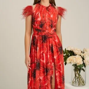 Rochie Dy Fashion cu imprimeu rosu si pene la umeri
