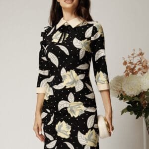 Rochie DY Fashion din stofa neagra cu imprimeu si guler ivory